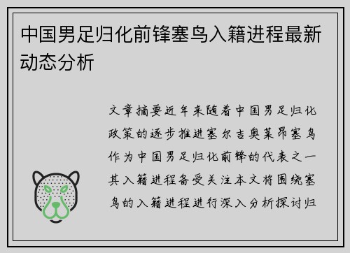 中国男足归化前锋塞鸟入籍进程最新动态分析